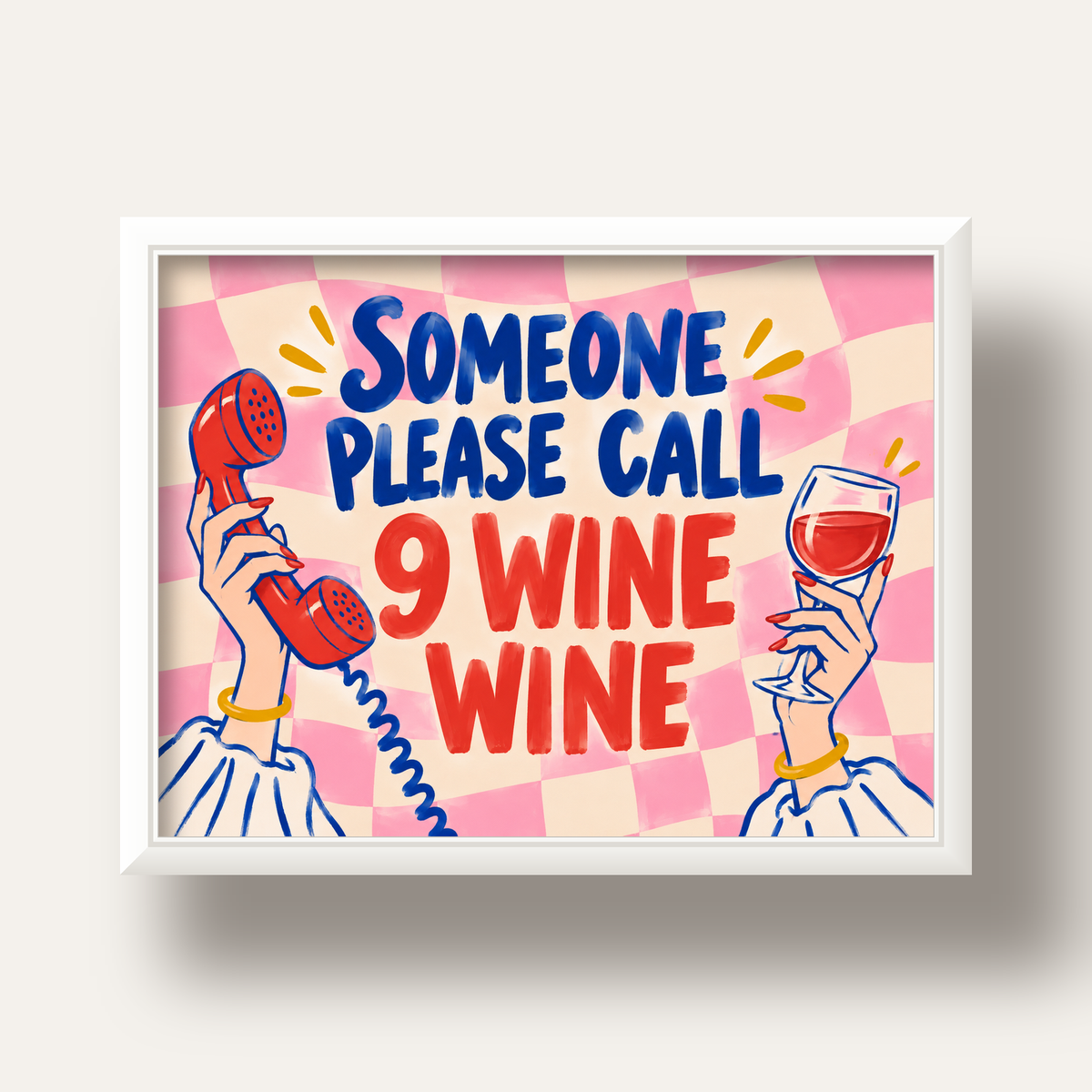 Eğlenceli Şarap & Telefon Poster – 9 Wine Wine İllüstrasyon — beyaz derin çerçeveli