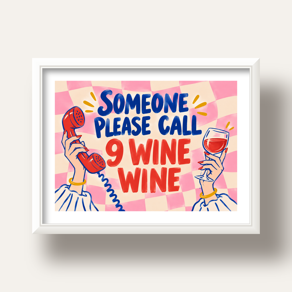 Eğlenceli Şarap & Telefon Poster – 9 Wine Wine İllüstrasyon — beyaz derin çerçeveli paspartulu