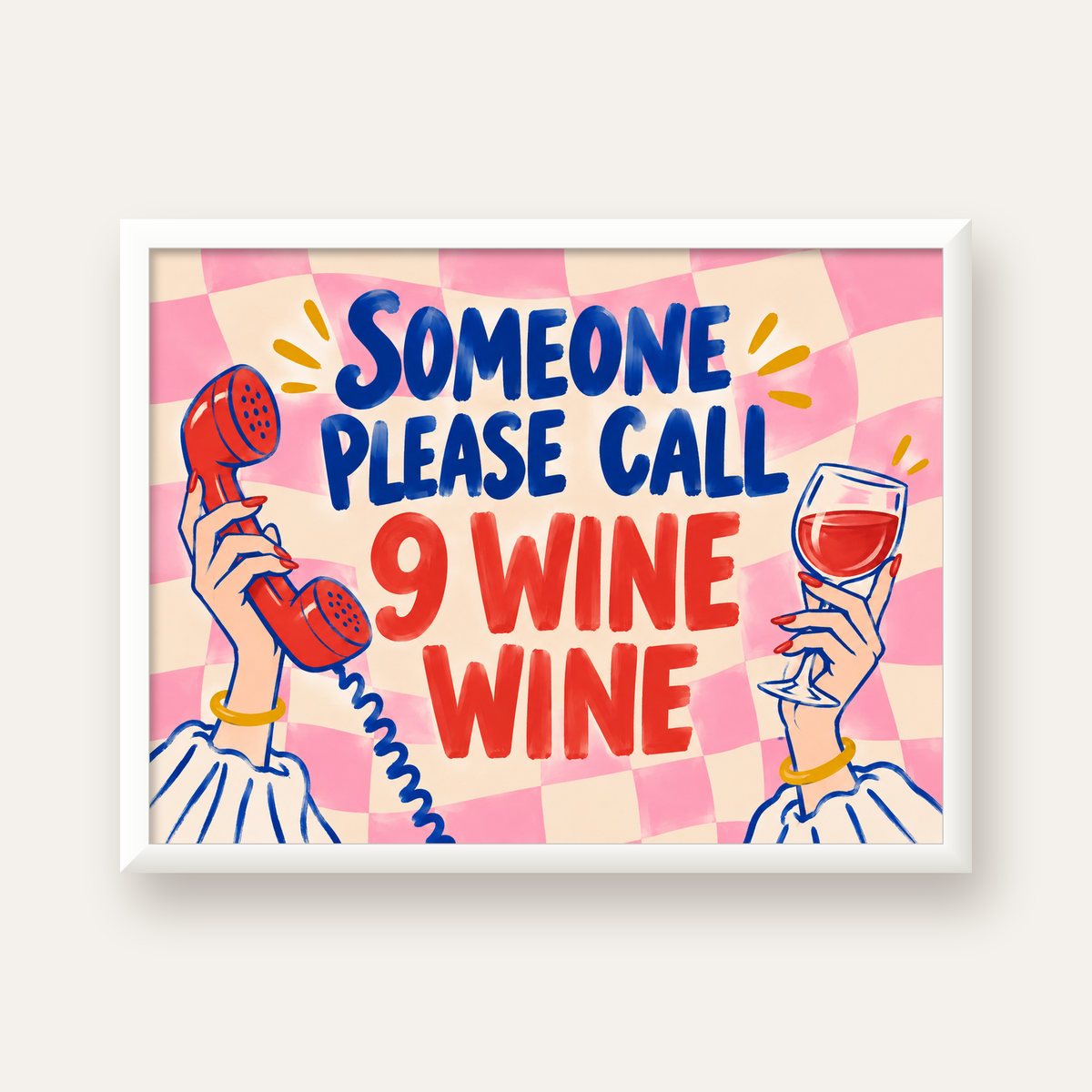 Eğlenceli Şarap & Telefon Poster – 9 Wine Wine İllüstrasyon — beyaz çerçeveli yatay poster