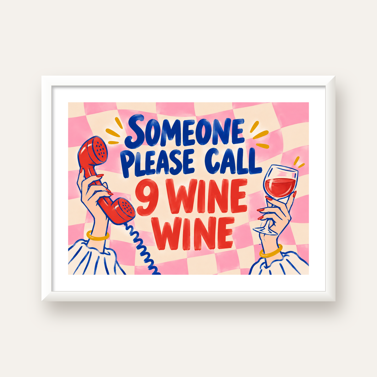 Eğlenceli Şarap & Telefon Poster – 9 Wine Wine İllüstrasyon — beyaz çerçeveli yatay poster