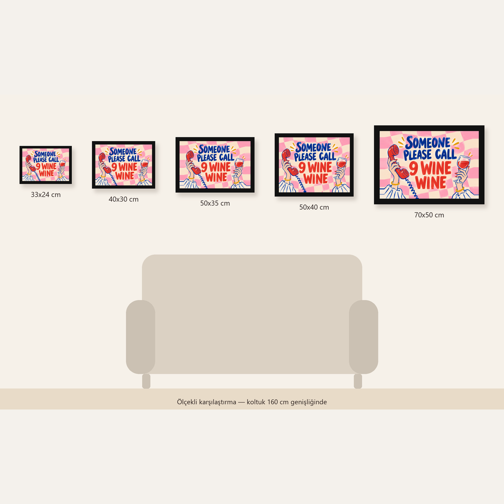 Eğlenceli Şarap & Telefon Poster – 9 Wine Wine İllüstrasyon — Yatay ölçülerinin karşılaştırması