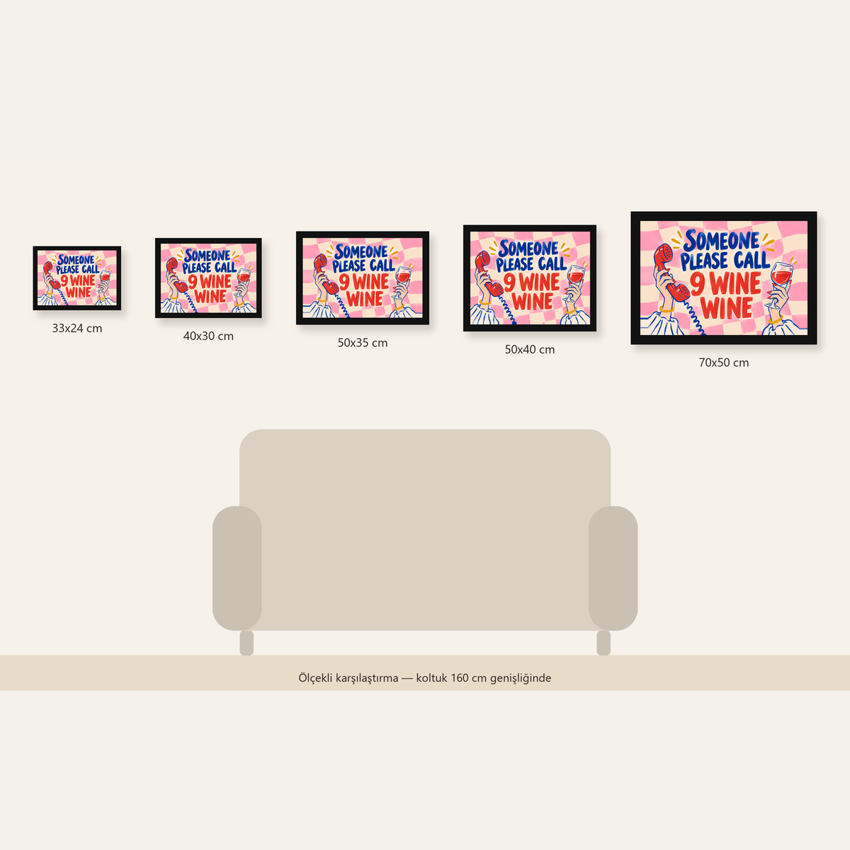 Eğlenceli Şarap & Telefon Poster – 9 Wine Wine İllüstrasyon — Yatay ölçülerinin karşılaştırması