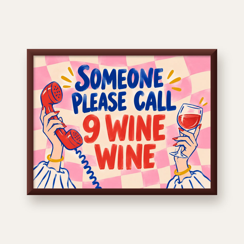 Eğlenceli Şarap & Telefon Poster – 9 Wine Wine İllüstrasyon — ceviz çerçeveli