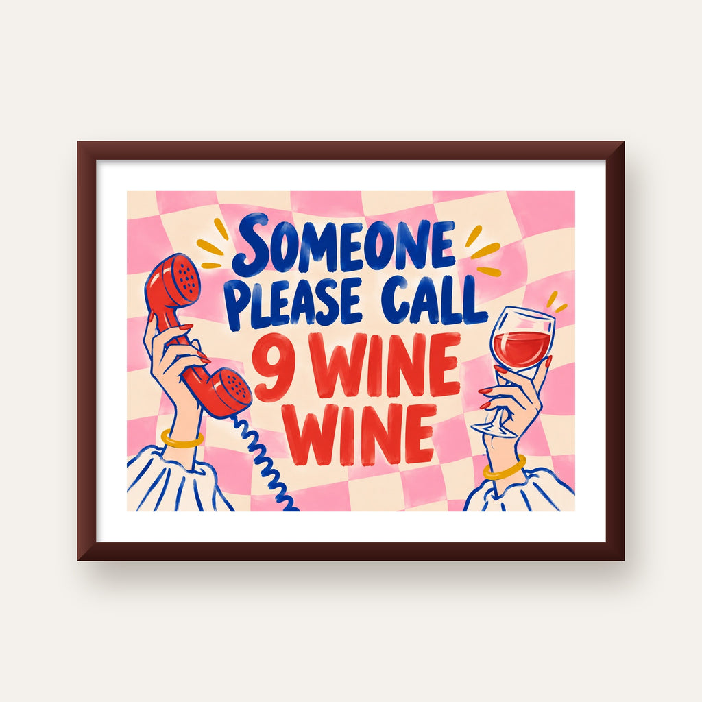 Eğlenceli Şarap & Telefon Poster – 9 Wine Wine İllüstrasyon — ceviz çerçeveli paspartulu