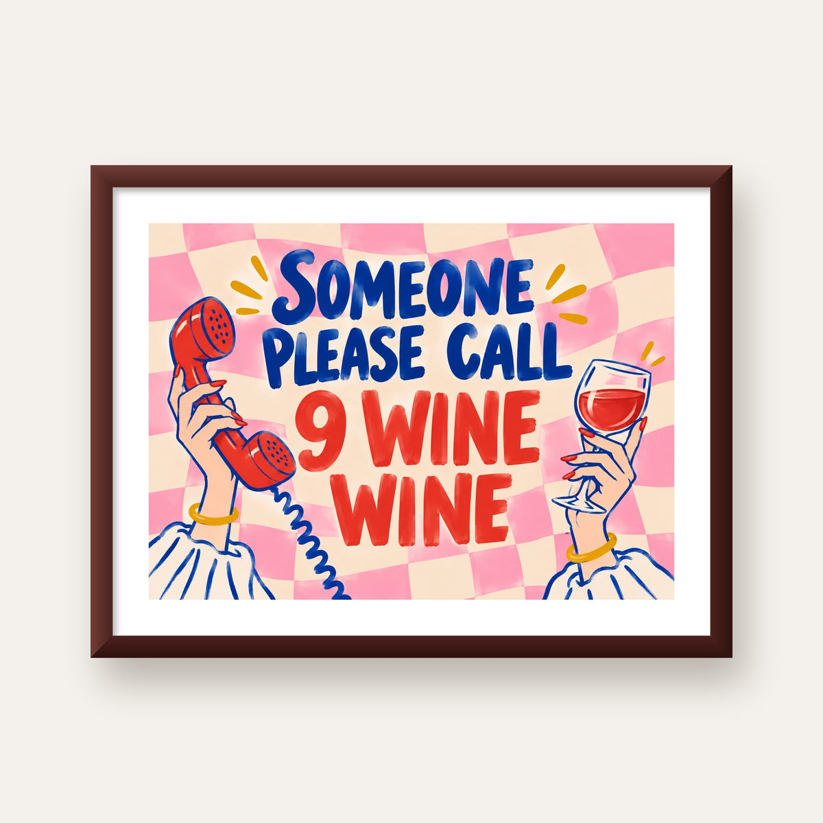 Eğlenceli Şarap & Telefon Poster – 9 Wine Wine İllüstrasyon — ceviz çerçeveli paspartulu