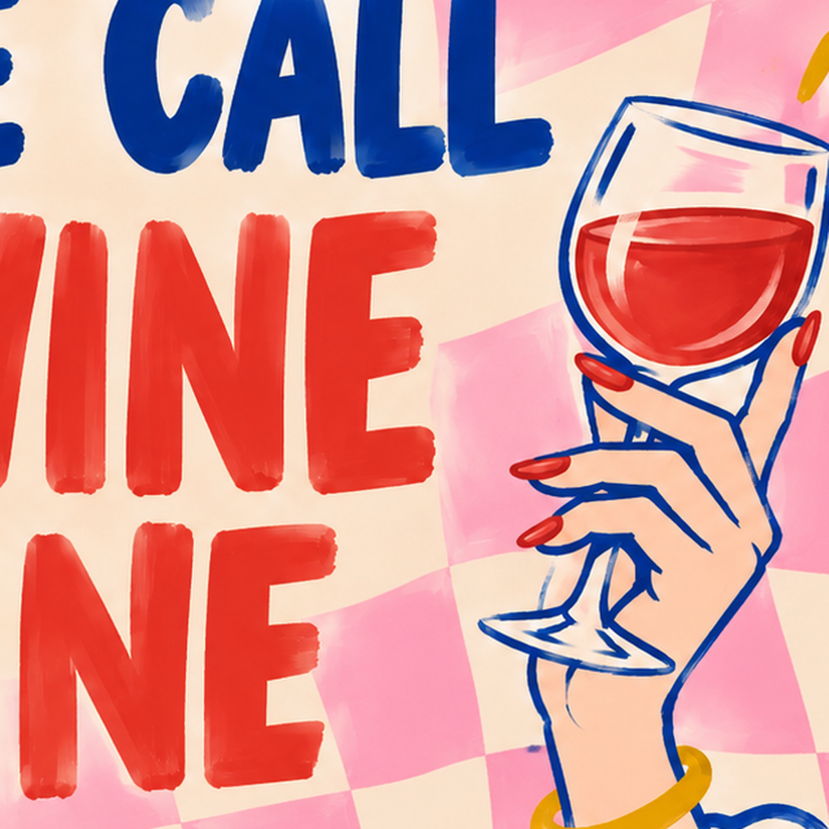 Eğlenceli Şarap & Telefon Poster – 9 Wine Wine İllüstrasyon — baskının yakın çekimi, kâğıt dokusu ve renk detayı