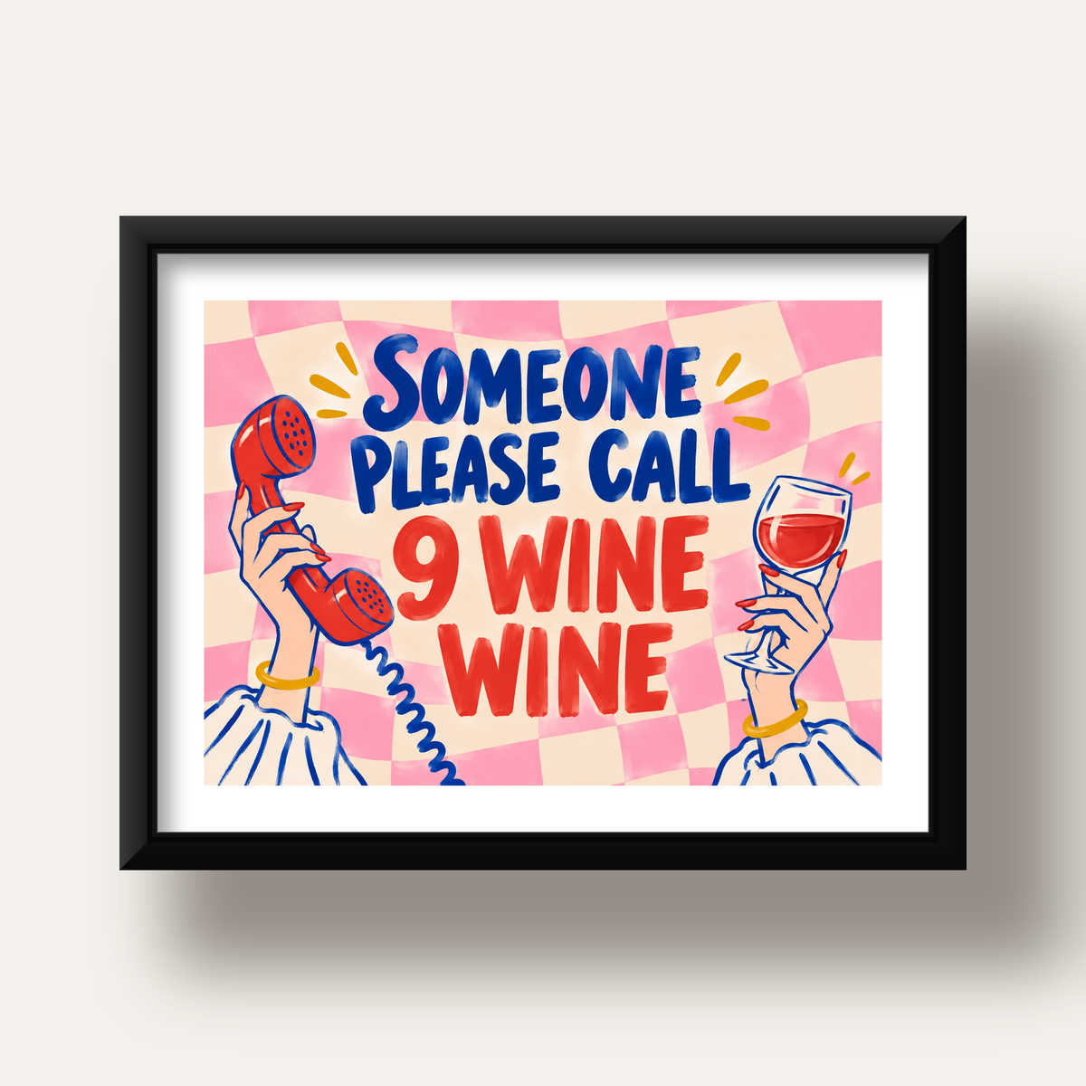 Eğlenceli Şarap & Telefon Poster – 9 Wine Wine İllüstrasyon — siyah derin çerçeveli paspartulu
