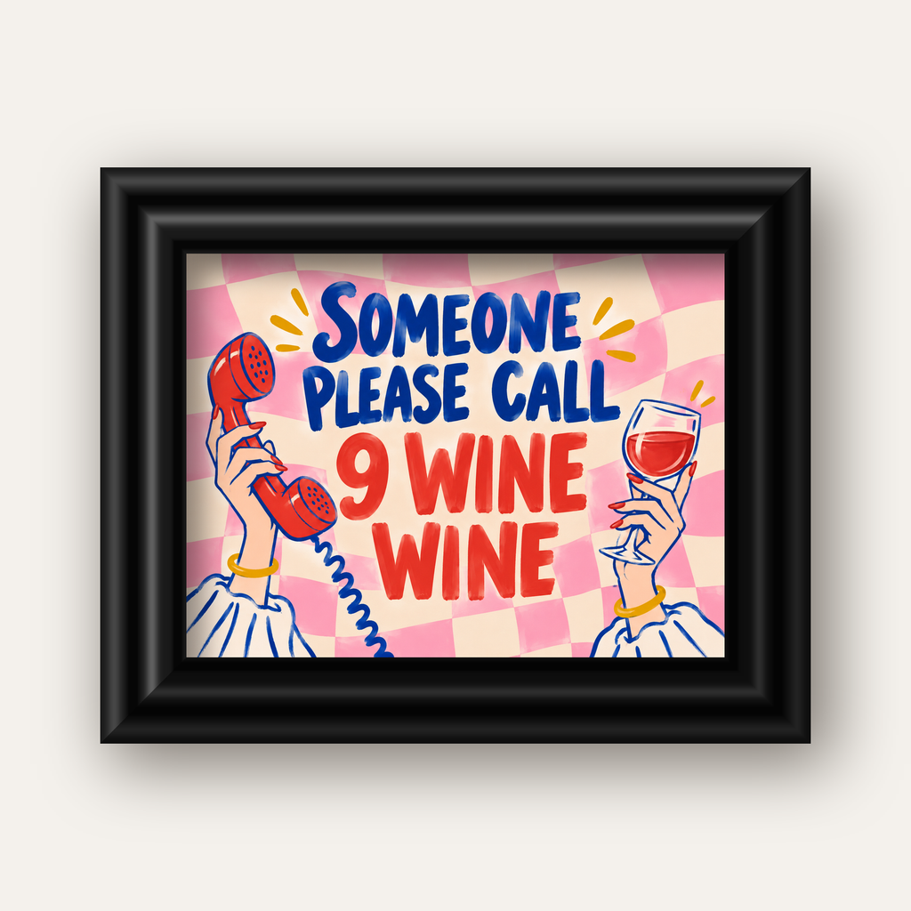 Eğlenceli Şarap & Telefon Poster – 9 Wine Wine İllüstrasyon — siyah galeri çerçeveli