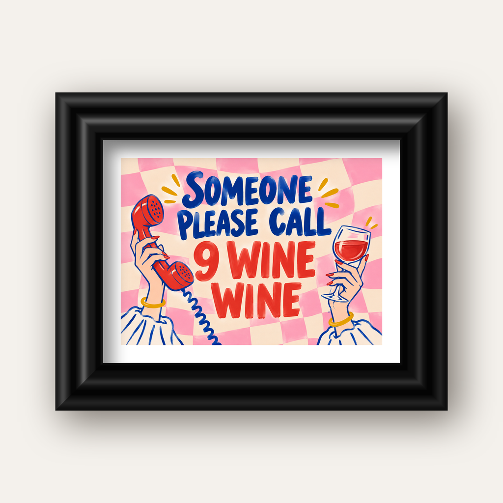 Eğlenceli Şarap & Telefon Poster – 9 Wine Wine İllüstrasyon — siyah galeri çerçeveli paspartulu