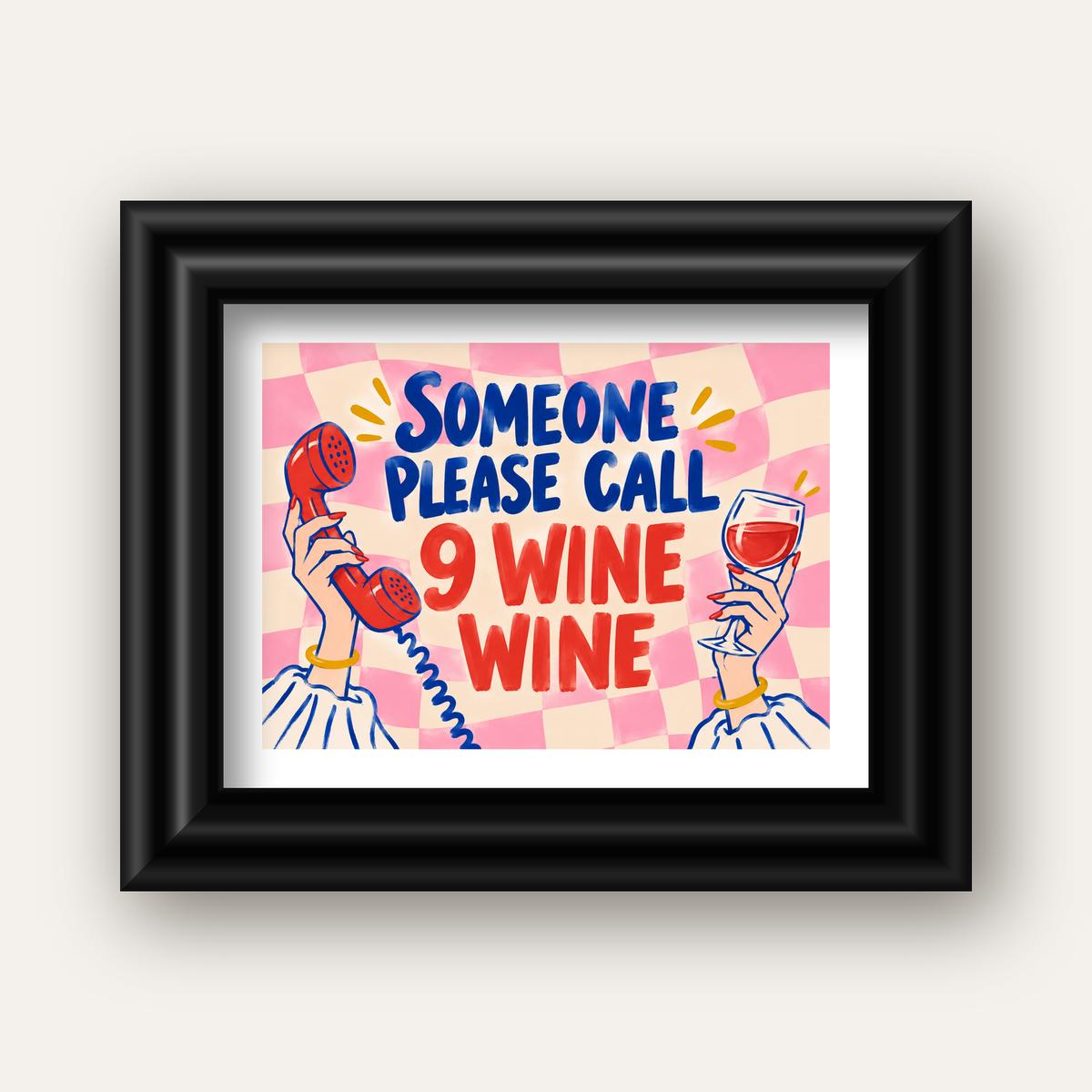 Eğlenceli Şarap & Telefon Poster – 9 Wine Wine İllüstrasyon — siyah galeri çerçeveli paspartulu