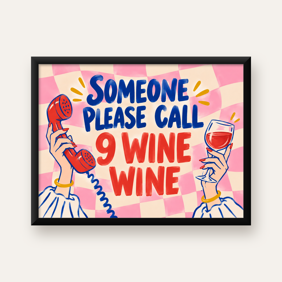 Eğlenceli Şarap & Telefon Poster – 9 Wine Wine İllüstrasyon — Yatay baskı, düz siyah çerçeveli duvar posteri