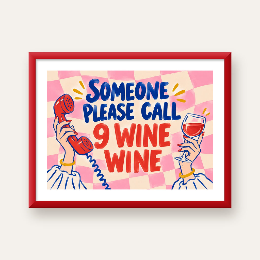 Eğlenceli Şarap & Telefon Poster – 9 Wine Wine İllüstrasyon — kırmızı çerçeveli paspartulu