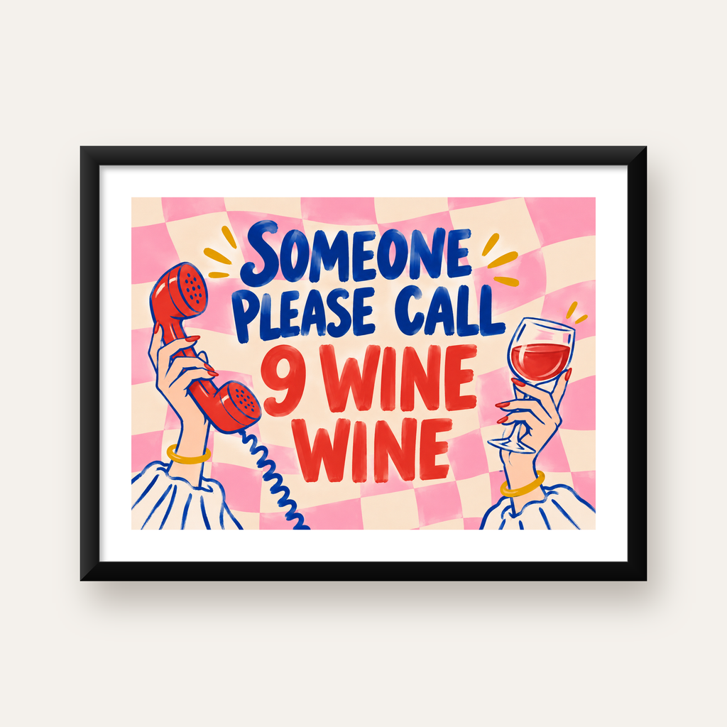 Eğlenceli Şarap & Telefon Poster – 9 Wine Wine İllüstrasyon — Yatay baskı, beyaz paspartulu
