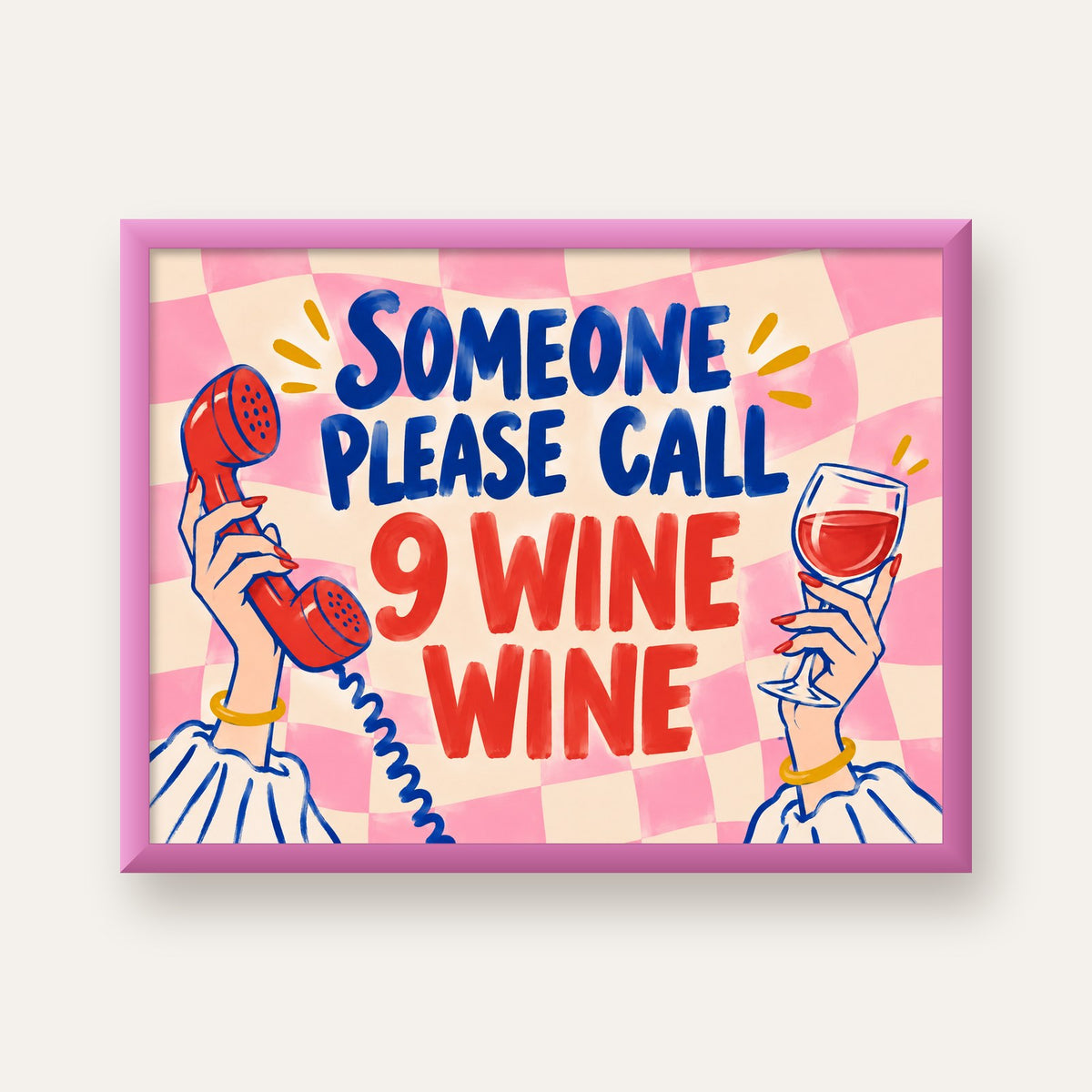 Eğlenceli Şarap & Telefon Poster – 9 Wine Wine İllüstrasyon — pembe çerçeveli