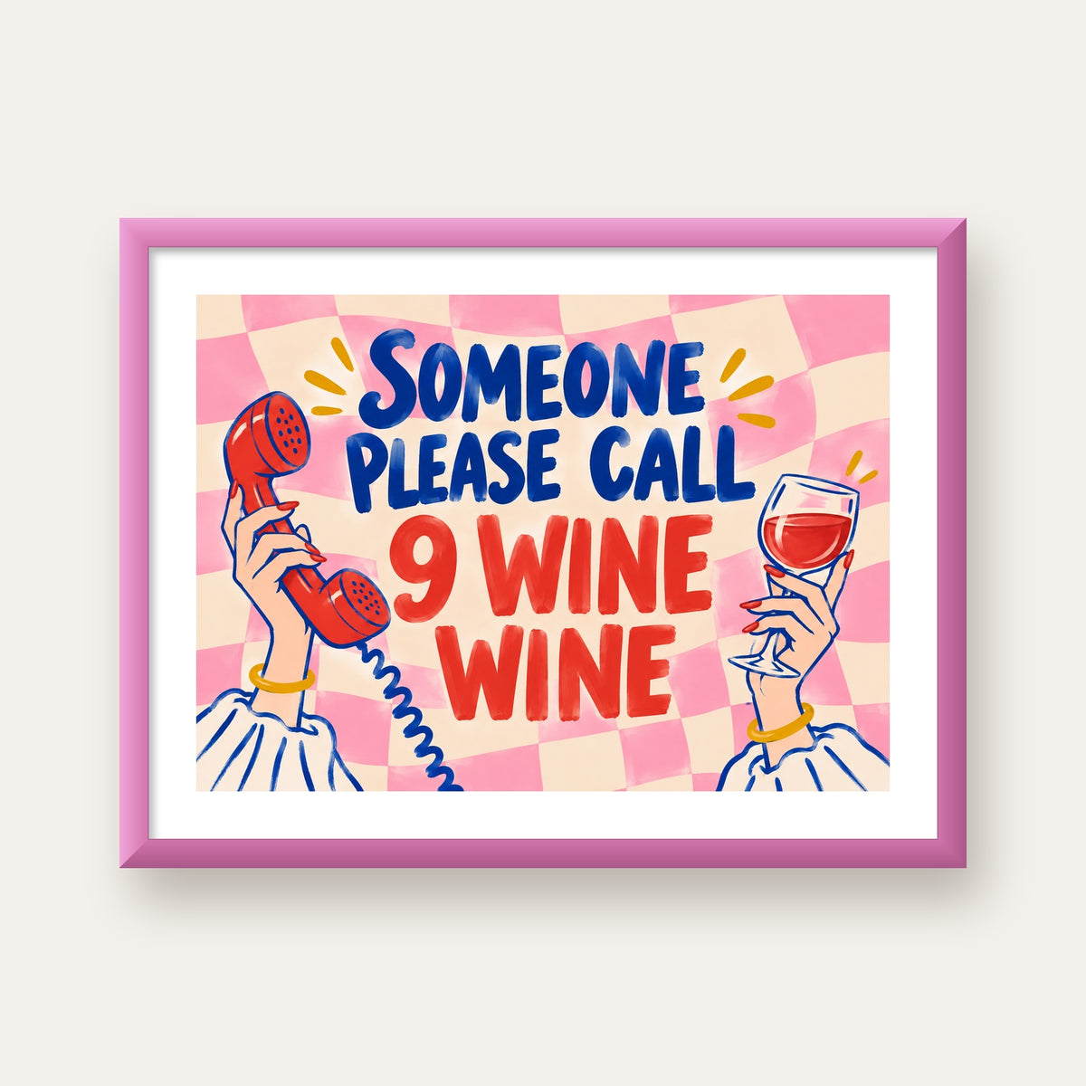 Eğlenceli Şarap & Telefon Poster – 9 Wine Wine İllüstrasyon — pembe çerçeveli paspartulu