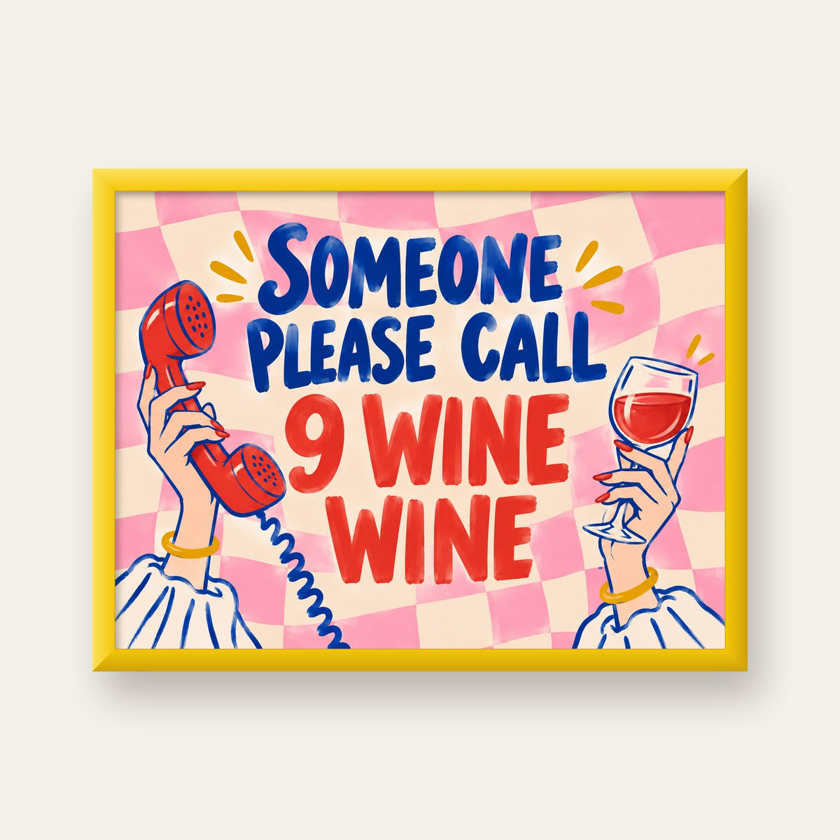 Eğlenceli Şarap & Telefon Poster – 9 Wine Wine İllüstrasyon — sarı çerçeveli