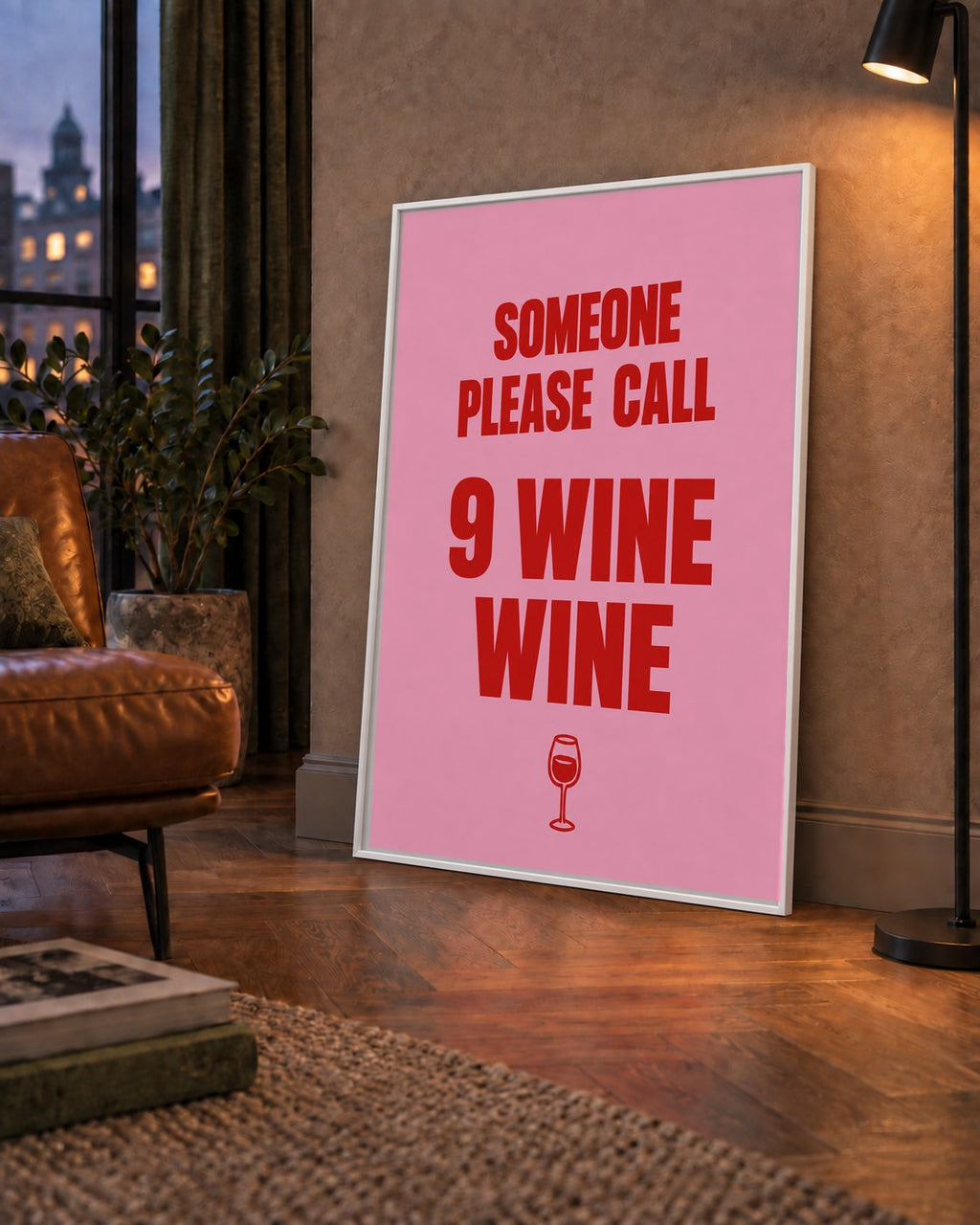 Mizahi Şarap Posteri – SOMEONE PLEASE CALL 9 WINE WINE — çerçeveli hâliyle bir ev duvarında