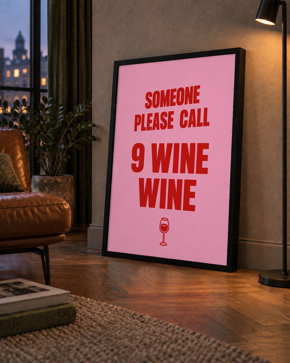 Mizahi Şarap Posteri – SOMEONE PLEASE CALL 9 WINE WINE — çerçeveli hâliyle bir ev duvarında