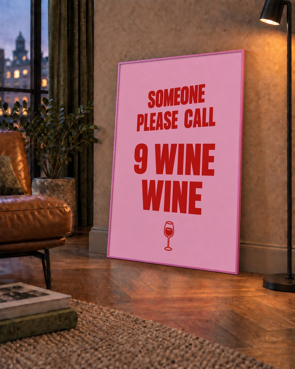 Mizahi Şarap Posteri – SOMEONE PLEASE CALL 9 WINE WINE — çerçeveli hâliyle bir ev duvarında