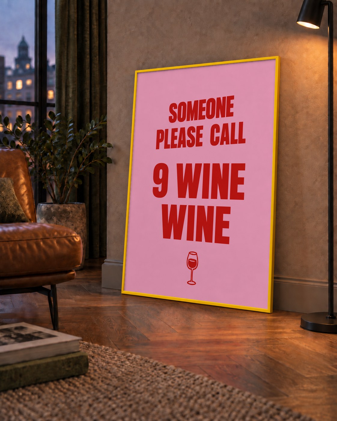 Mizahi Şarap Posteri – SOMEONE PLEASE CALL 9 WINE WINE — çerçeveli hâliyle bir ev duvarında