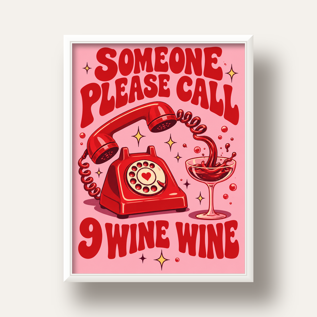 Retro Telefon ve Şarap Kadehi Poster – Eğlenceli Çizgi Roman Tasarım — beyaz derin çerçeveli