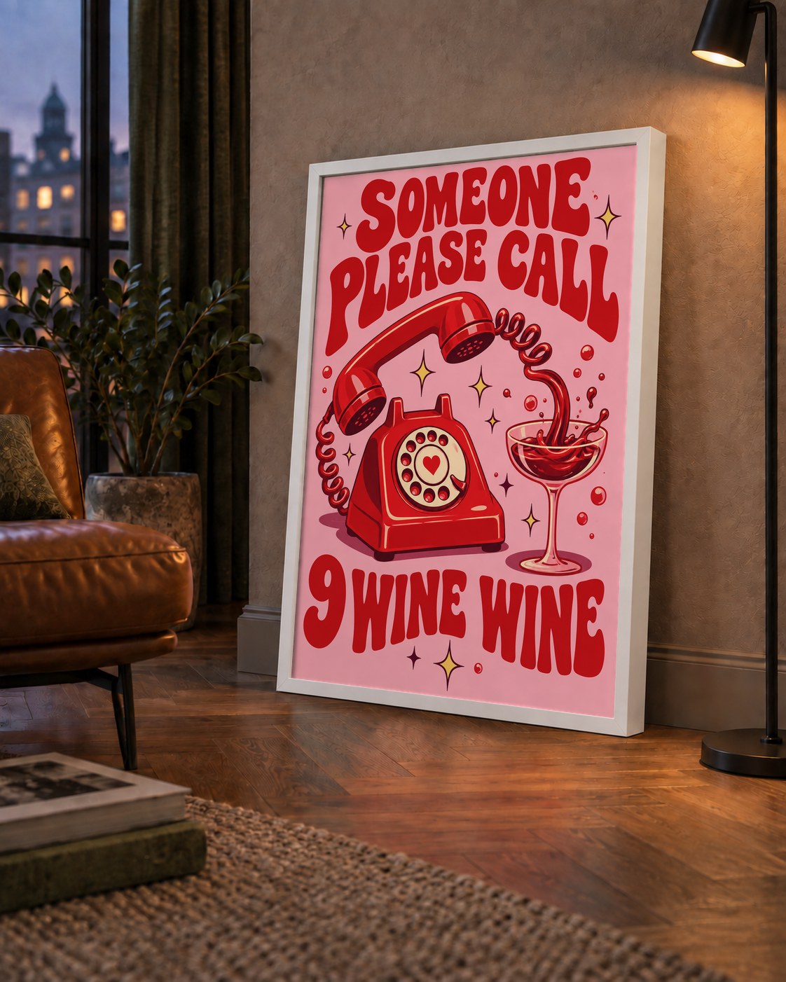 Retro Telefon ve Şarap Kadehi Poster – Eğlenceli Çizgi Roman Tasarım — çerçeveli hâliyle bir ev duvarında