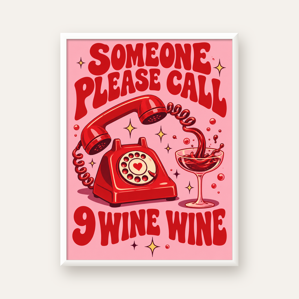 Retro Telefon ve Şarap Kadehi Poster – Eğlenceli Çizgi Roman Tasarım — beyaz çerçeveli dikey poster