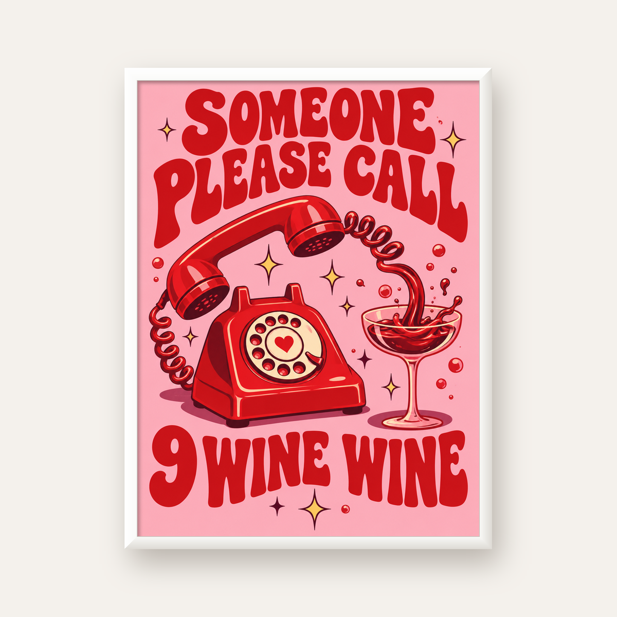 Retro Telefon ve Şarap Kadehi Poster – Eğlenceli Çizgi Roman Tasarım — beyaz çerçeveli dikey poster