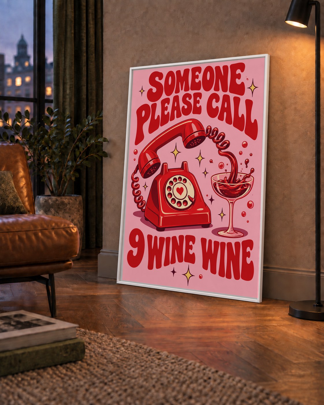 Retro Telefon ve Şarap Kadehi Poster – Eğlenceli Çizgi Roman Tasarım — çerçeveli hâliyle bir ev duvarında
