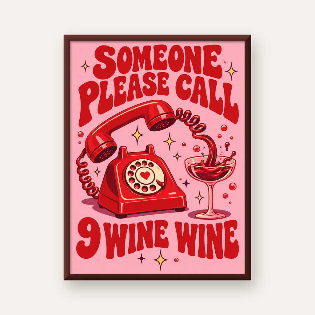 Retro Telefon ve Şarap Kadehi Poster – Eğlenceli Çizgi Roman Tasarım — ceviz çerçeveli