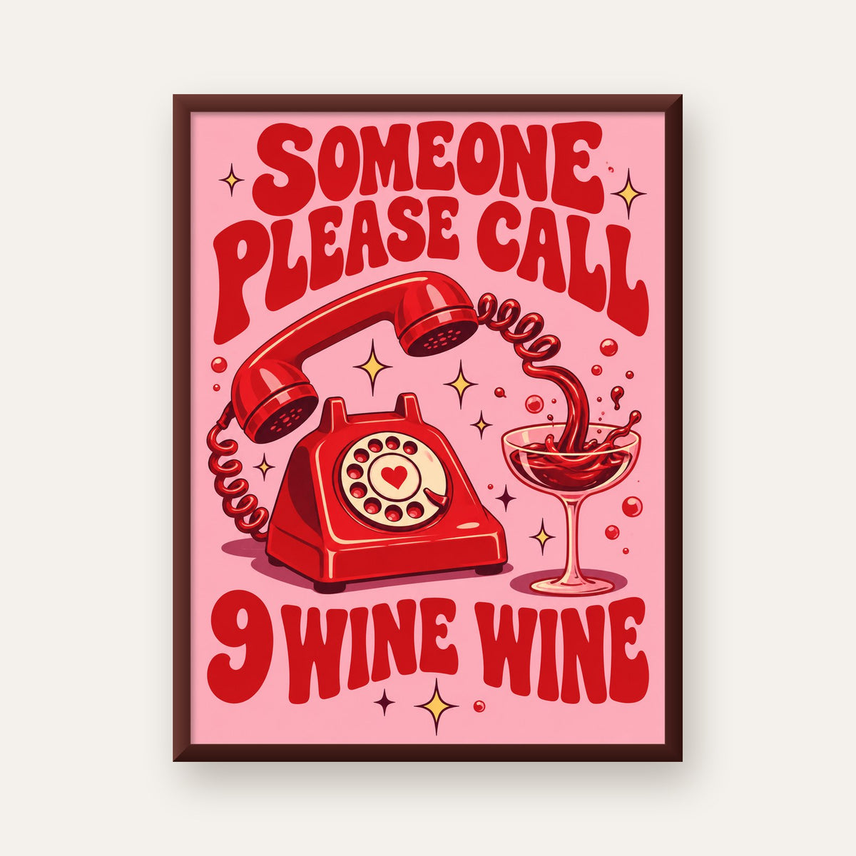 Retro Telefon ve Şarap Kadehi Poster – Eğlenceli Çizgi Roman Tasarım — ceviz çerçeveli