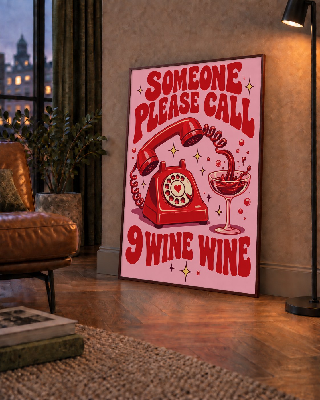 Retro Telefon ve Şarap Kadehi Poster – Eğlenceli Çizgi Roman Tasarım — çerçeveli hâliyle bir ev duvarında