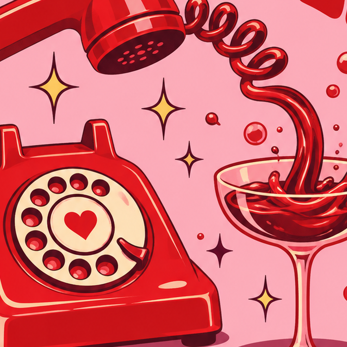 Retro Telefon ve Şarap Kadehi Poster – Eğlenceli Çizgi Roman Tasarım — baskının yakın çekimi, kâğıt dokusu ve renk detayı
