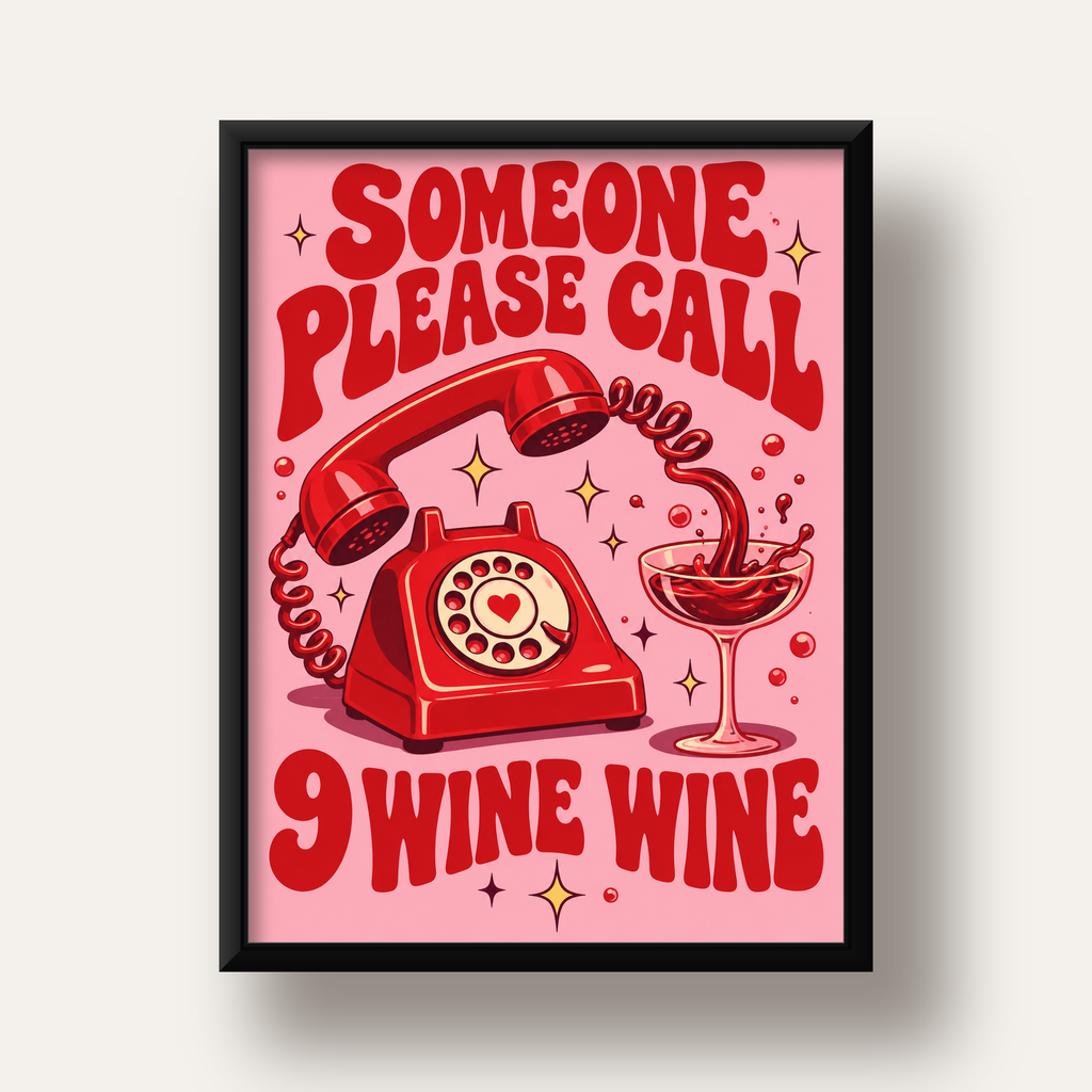 Retro Telefon ve Şarap Kadehi Poster – Eğlenceli Çizgi Roman Tasarım — siyah derin çerçeveli