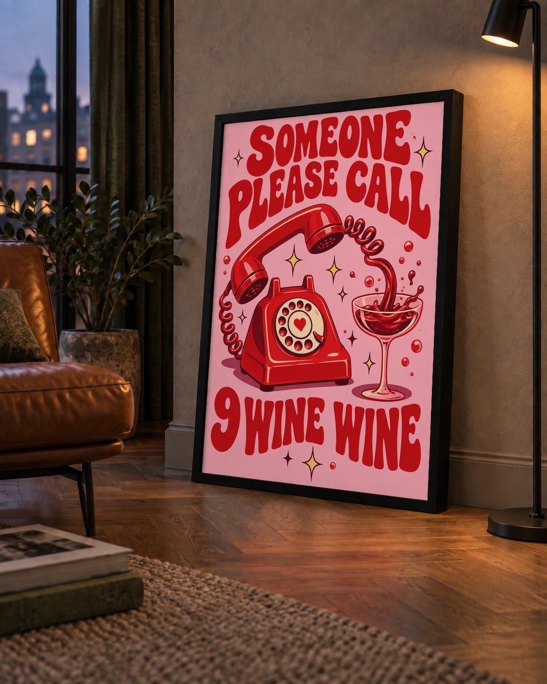 Retro Telefon ve Şarap Kadehi Poster – Eğlenceli Çizgi Roman Tasarım — çerçeveli hâliyle bir ev duvarında