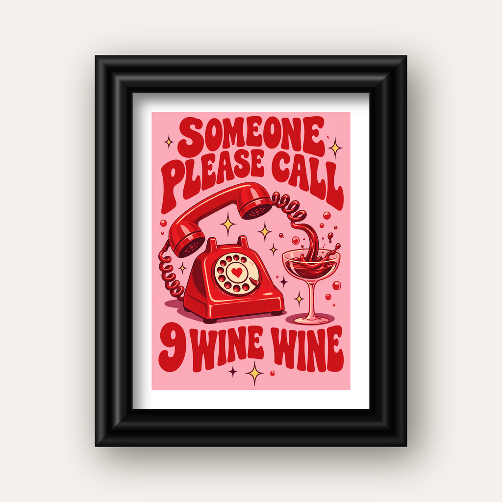 Retro Telefon ve Şarap Kadehi Poster – Eğlenceli Çizgi Roman Tasarım — siyah galeri çerçeveli paspartulu