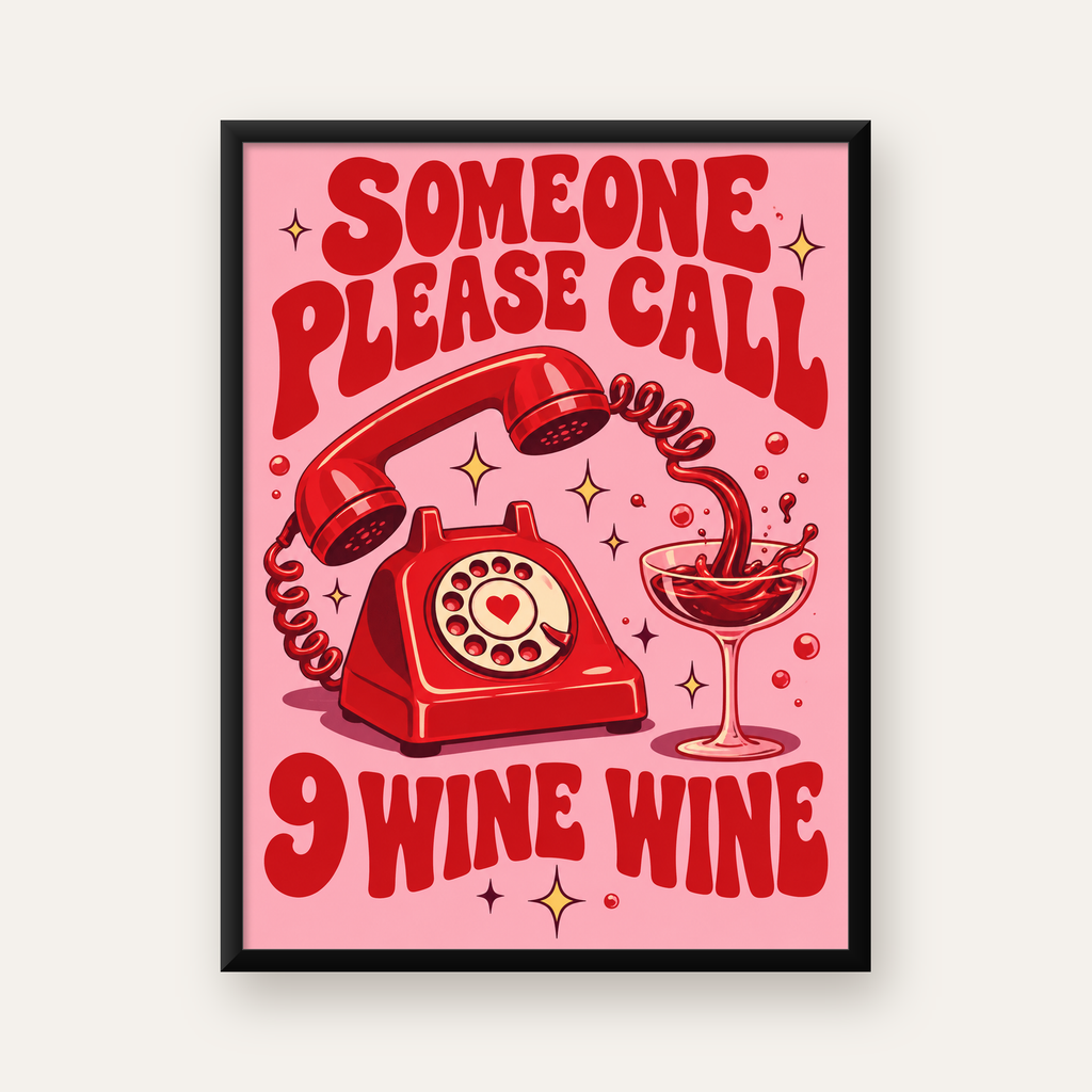 Retro Telefon ve Şarap Kadehi Poster – Eğlenceli Çizgi Roman Tasarım — Dikey baskı, düz siyah çerçeveli duvar posteri