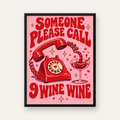 Retro Telefon ve Şarap Kadehi Poster – Eğlenceli Çizgi Roman Tasarım — Dikey baskı, düz siyah çerçeveli duvar posteri