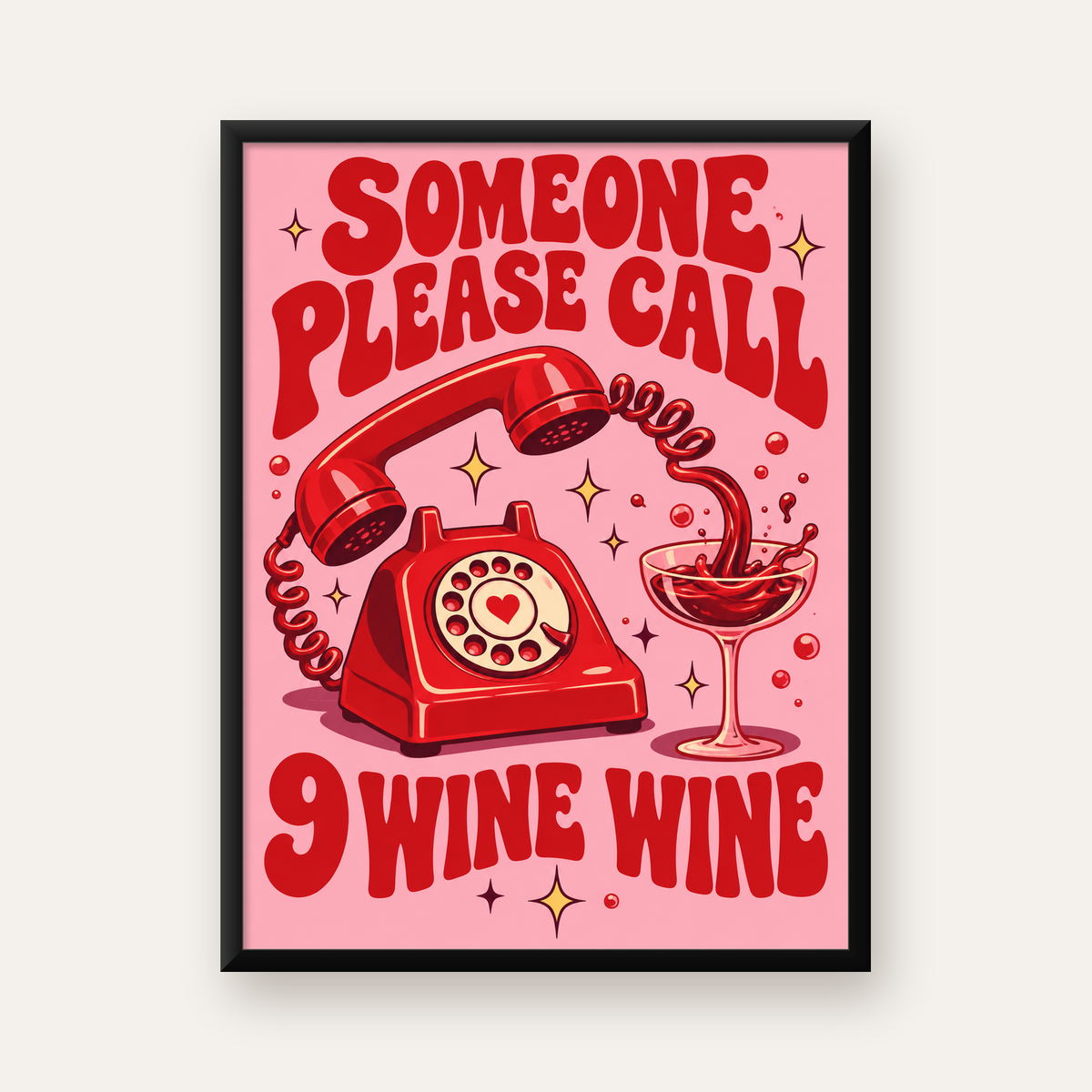Retro Telefon ve Şarap Kadehi Poster – Eğlenceli Çizgi Roman Tasarım — Dikey baskı, düz siyah çerçeveli duvar posteri