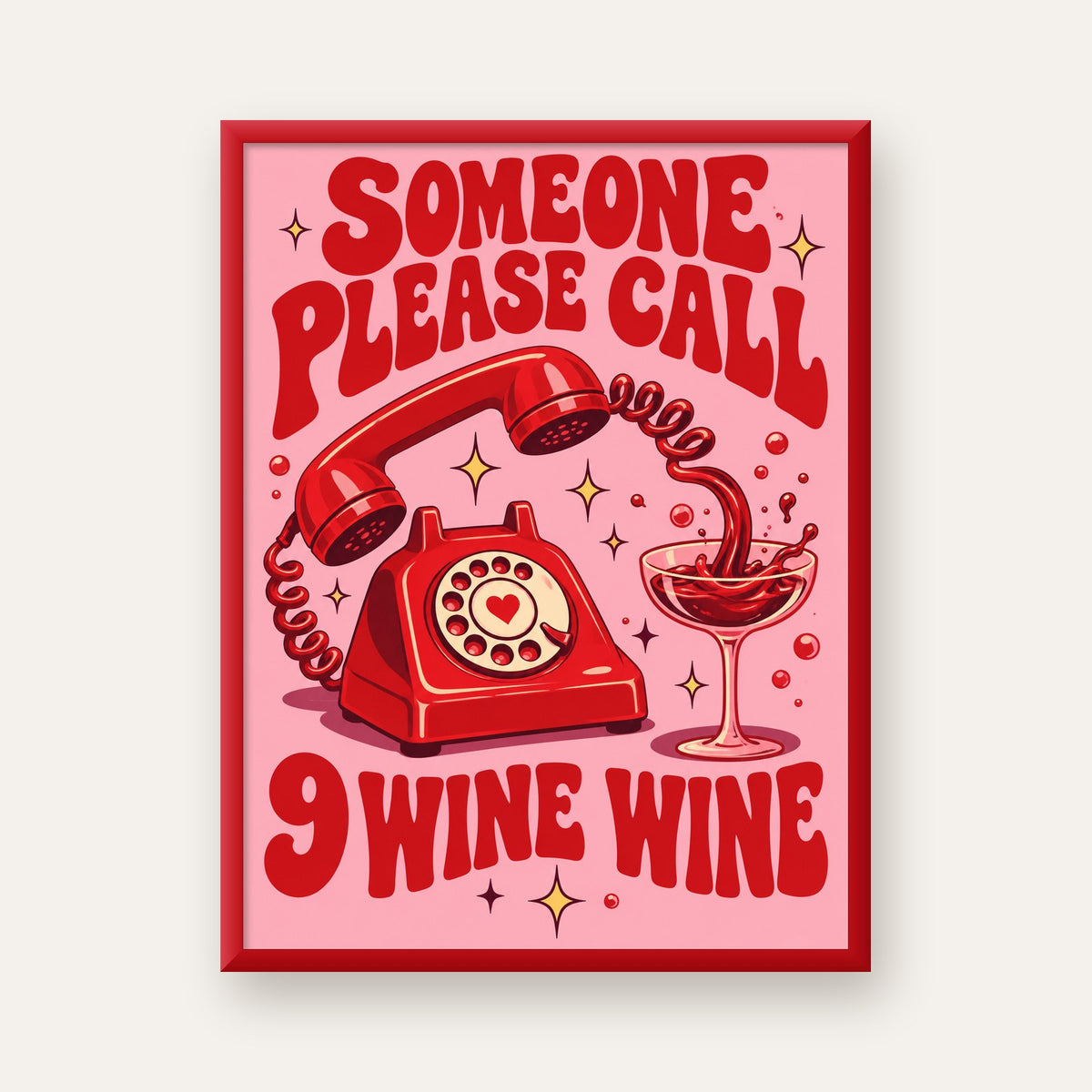 Retro Telefon ve Şarap Kadehi Poster – Eğlenceli Çizgi Roman Tasarım — kırmızı çerçeveli