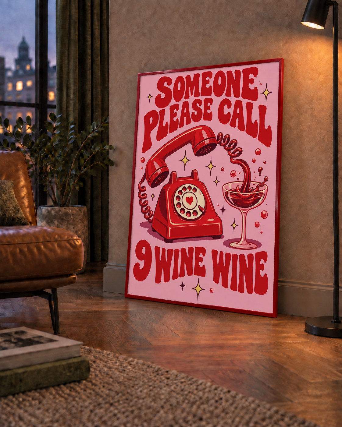 Retro Telefon ve Şarap Kadehi Poster – Eğlenceli Çizgi Roman Tasarım — çerçeveli hâliyle bir ev duvarında