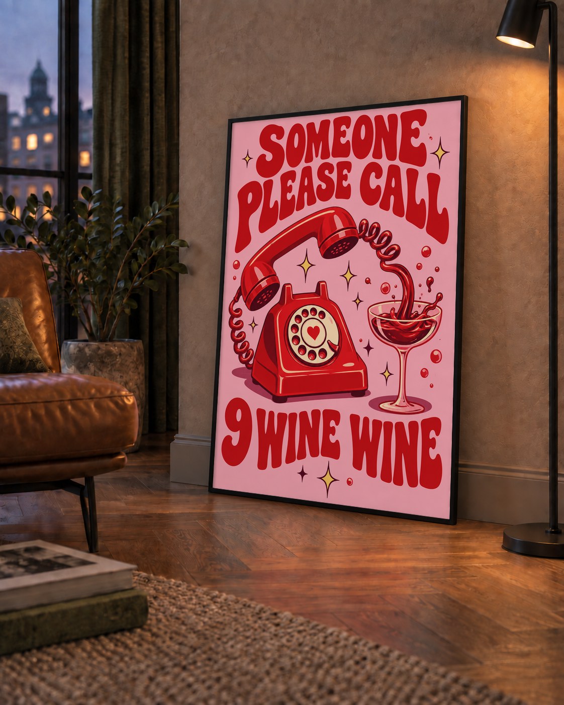Retro Telefon ve Şarap Kadehi Poster – Eğlenceli Çizgi Roman Tasarım — çerçeveli hâliyle bir ev duvarında
