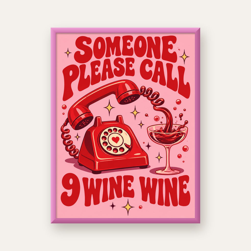 Retro Telefon ve Şarap Kadehi Poster – Eğlenceli Çizgi Roman Tasarım — pembe çerçeveli