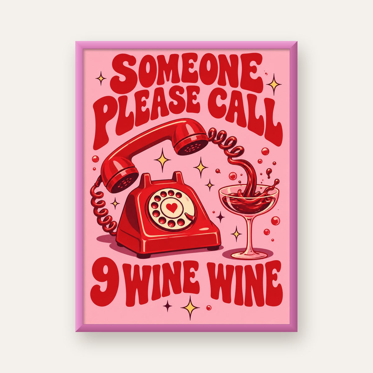 Retro Telefon ve Şarap Kadehi Poster – Eğlenceli Çizgi Roman Tasarım — pembe çerçeveli