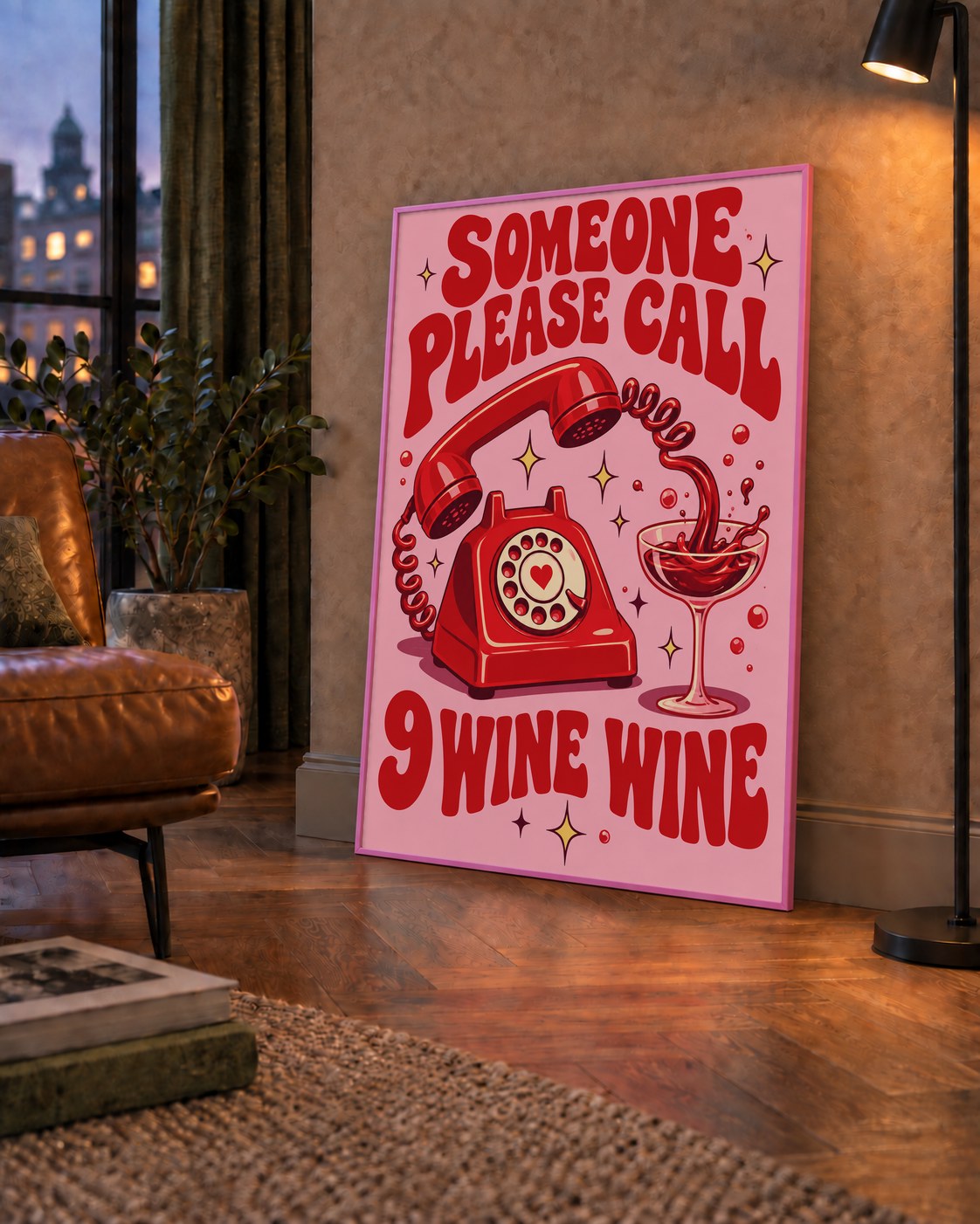 Retro Telefon ve Şarap Kadehi Poster – Eğlenceli Çizgi Roman Tasarım — çerçeveli hâliyle bir ev duvarında