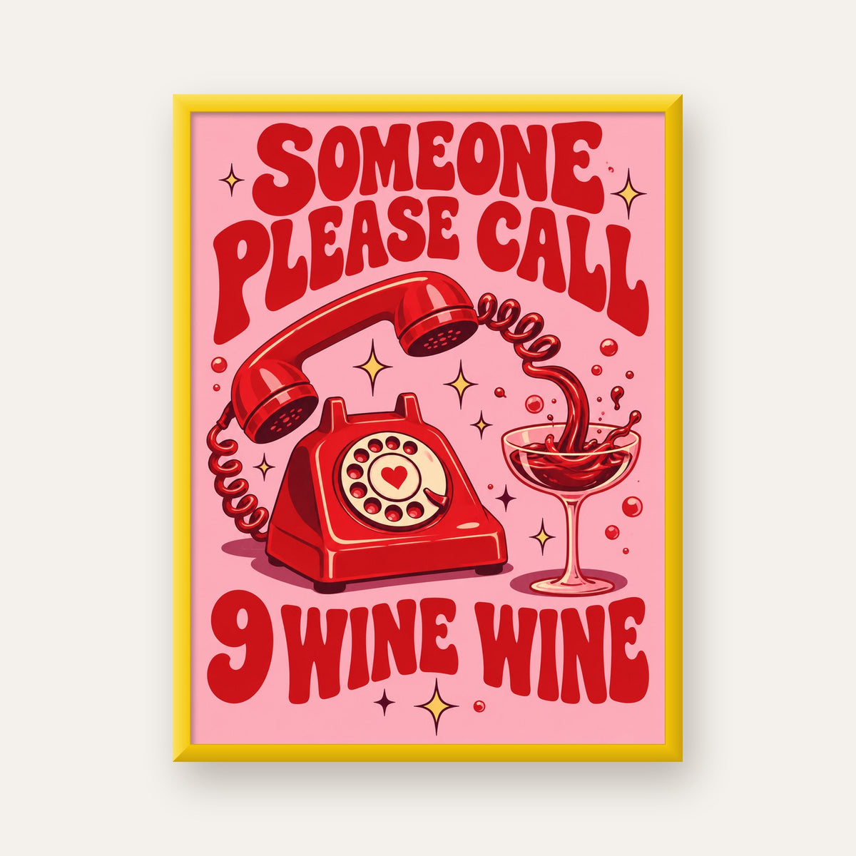 Retro Telefon ve Şarap Kadehi Poster – Eğlenceli Çizgi Roman Tasarım — sarı çerçeveli