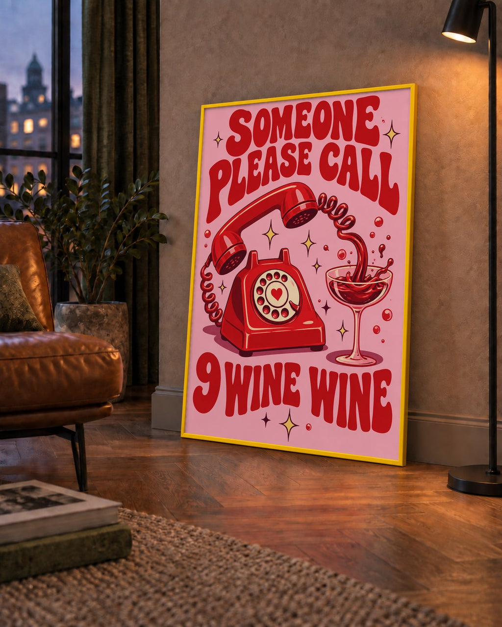 Retro Telefon ve Şarap Kadehi Poster – Eğlenceli Çizgi Roman Tasarım — çerçeveli hâliyle bir ev duvarında