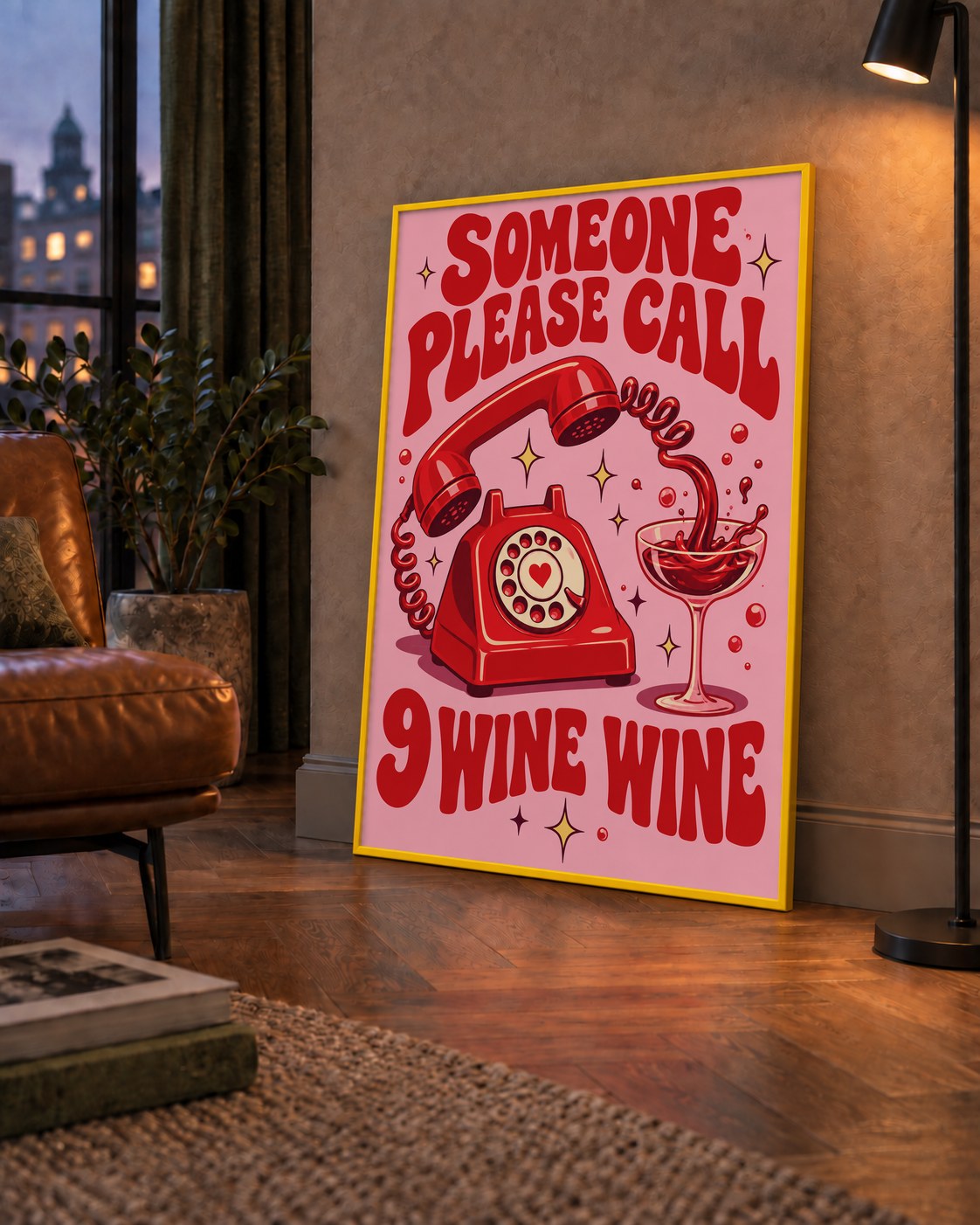 Retro Telefon ve Şarap Kadehi Poster – Eğlenceli Çizgi Roman Tasarım — çerçeveli hâliyle bir ev duvarında