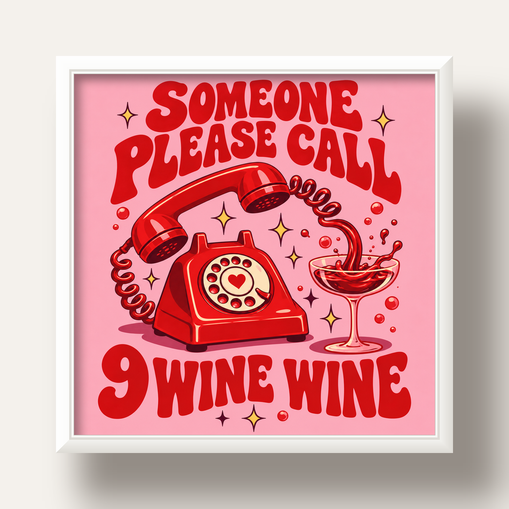 Retro Telefon ve Şarap Kadehi Poster – Eğlenceli Çizgi Roman Tasarım — beyaz derin çerçeveli