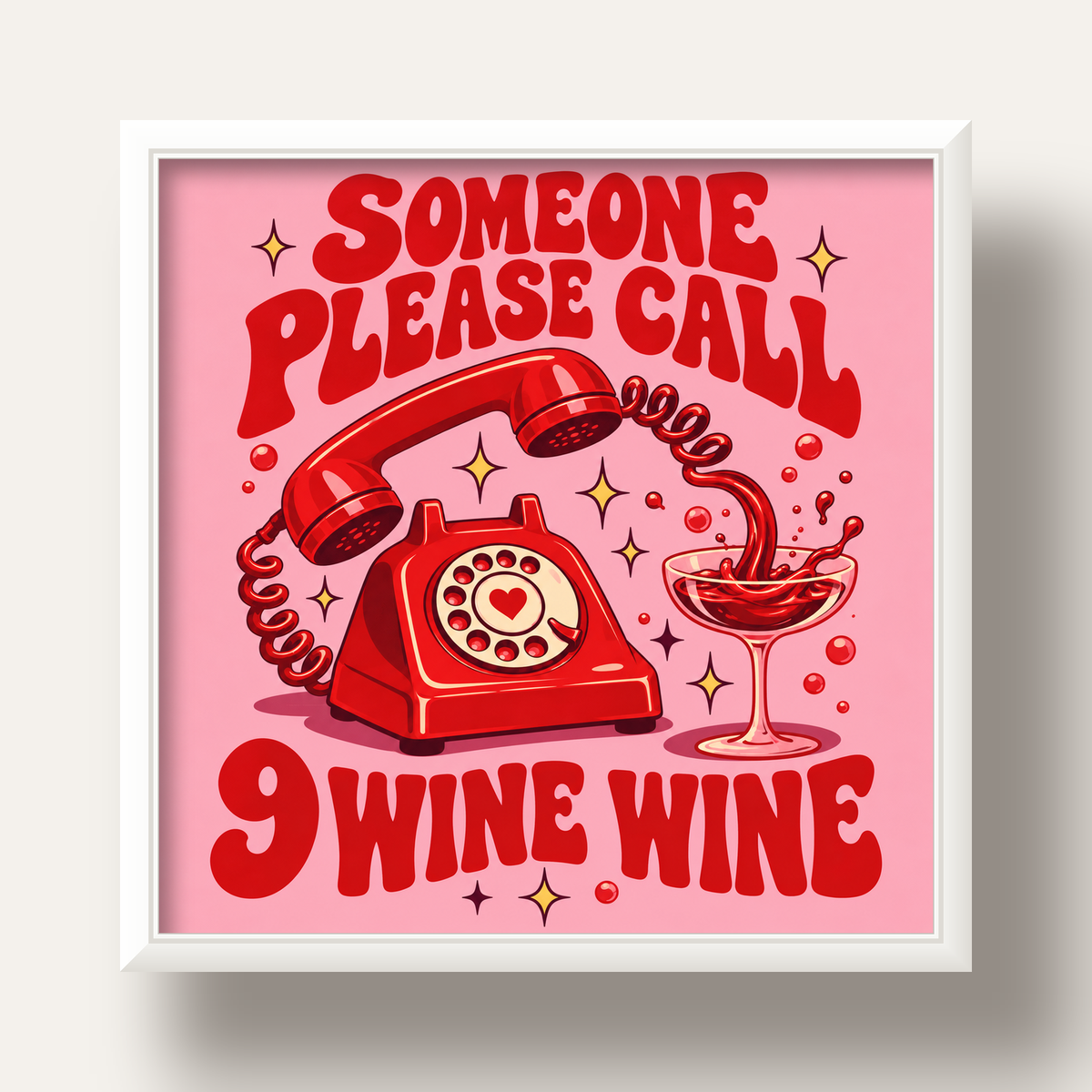 Retro Telefon ve Şarap Kadehi Poster – Eğlenceli Çizgi Roman Tasarım — beyaz derin çerçeveli